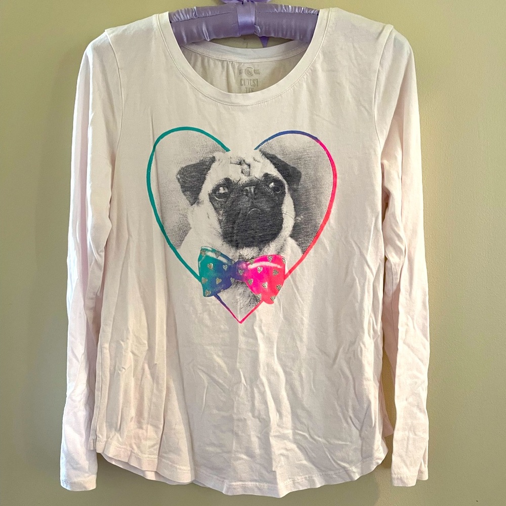 SO girls long sleeved tee with adorable pug on front  size 18 1/2